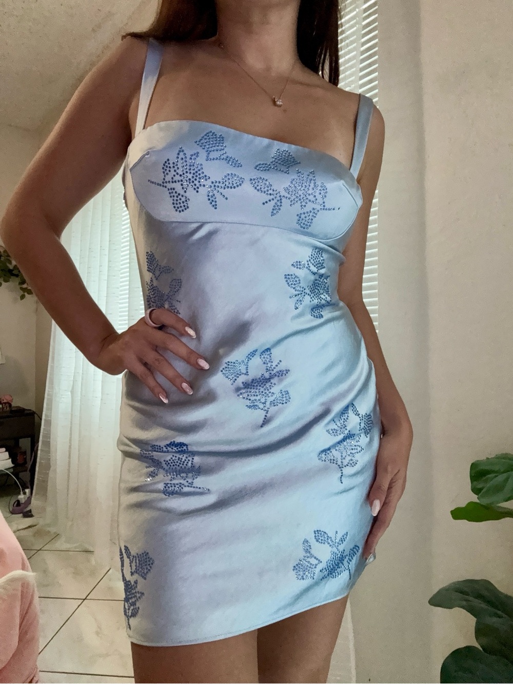 Oh Polly Powder Blue Satin Mini Dress with Floral Embellishment